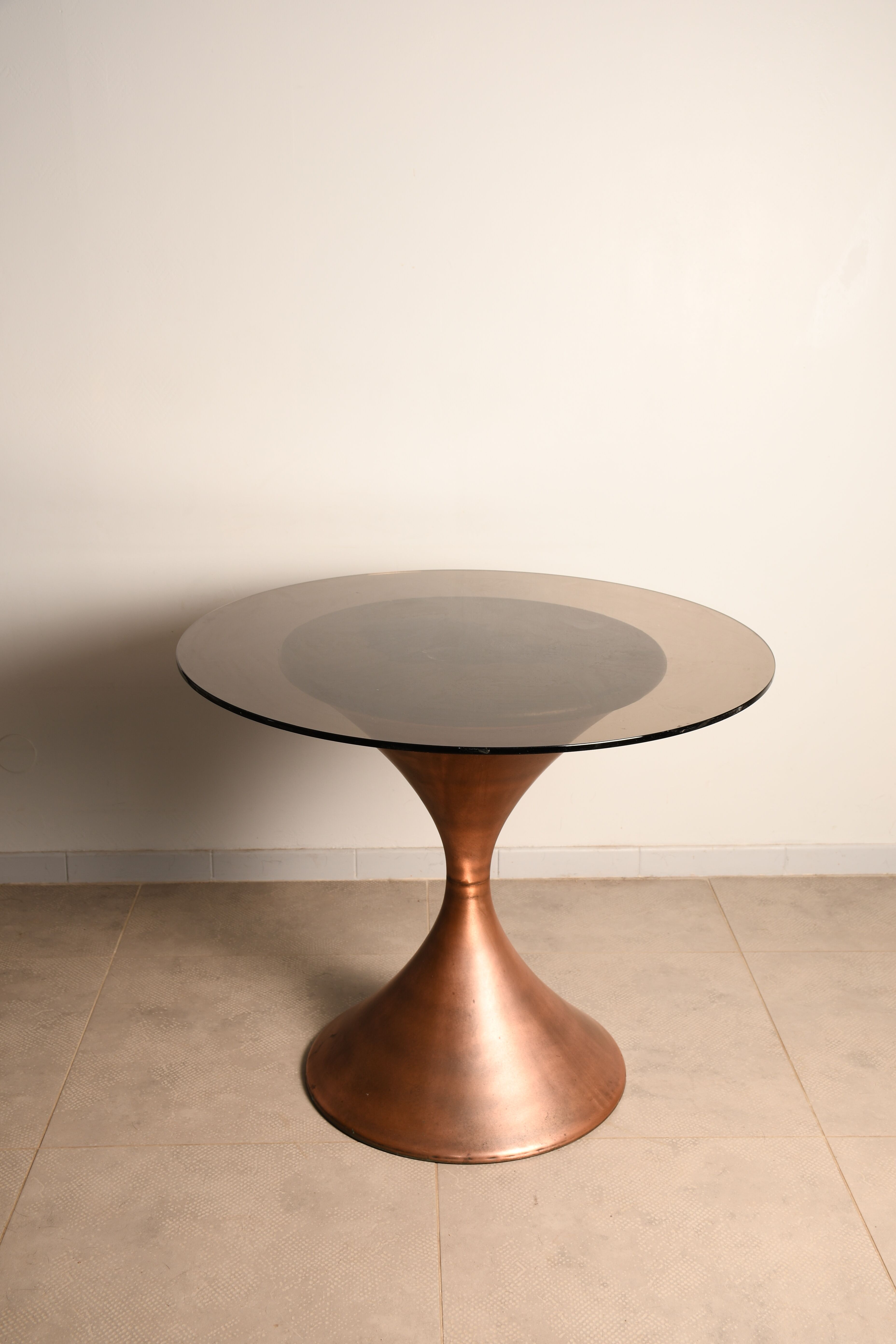 Copper table, smoked glass top from the 60s