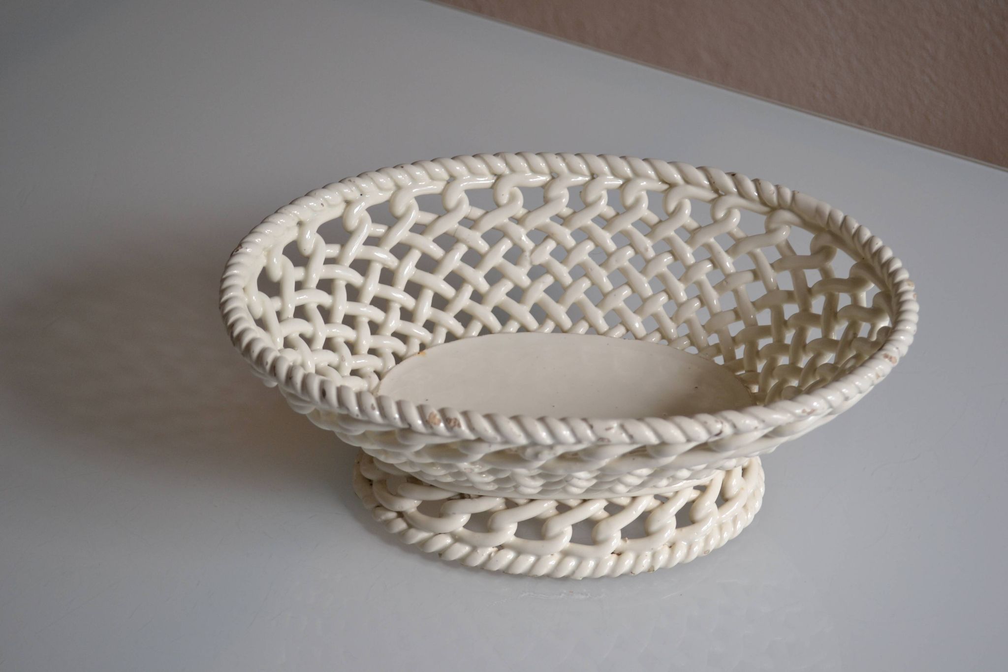 Woven ceramic oval fruit bowl or dish
