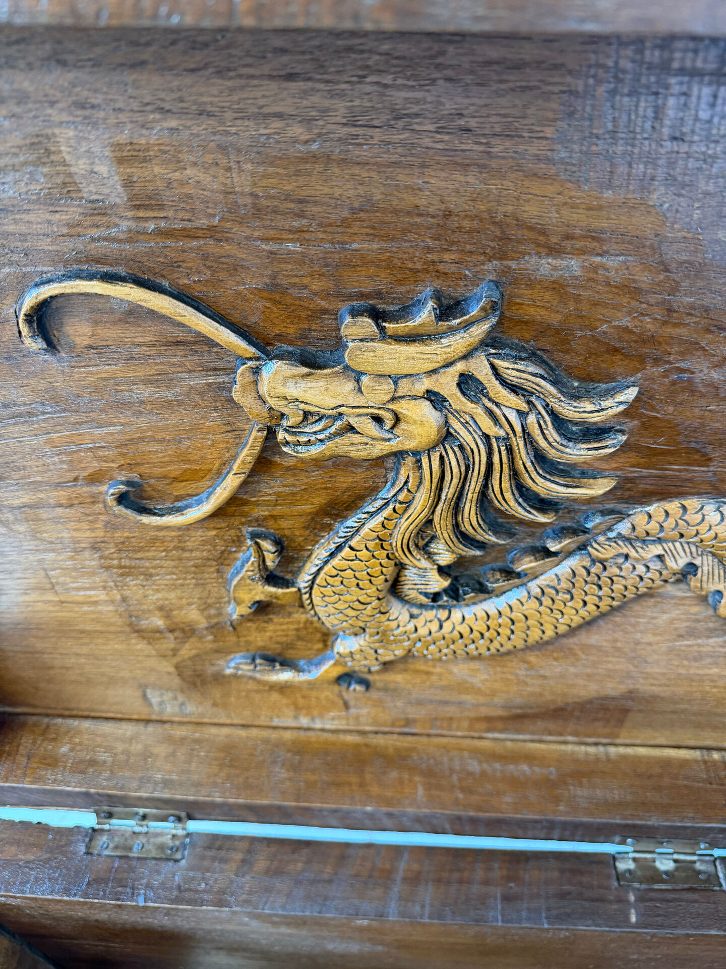 Antique Chinese Carved Export Chest – Dragon, Phoenix & Landscape Deco