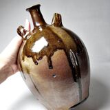 Old stoneware oil jar, glazed and enamelled, 2 handles
