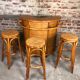 Bar and its 3 vintage stools in rattan and bamboo 1960'S