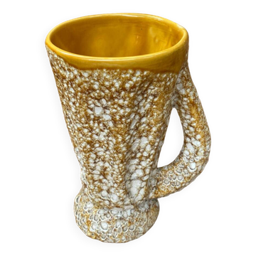 Old pitcher vase Vallauris fat lava yellow ceramic white foams #b479