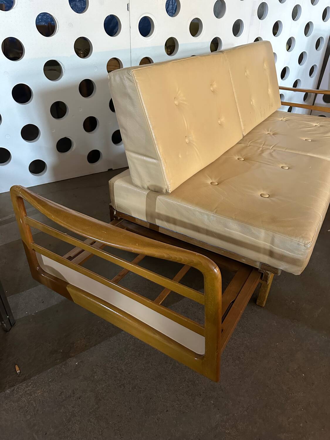 Scandinavian Style Sofa + Three Armchairs Set in Light Wood and Leather