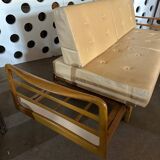 Scandinavian Style Sofa + Three Armchairs Set in Light Wood and Leather