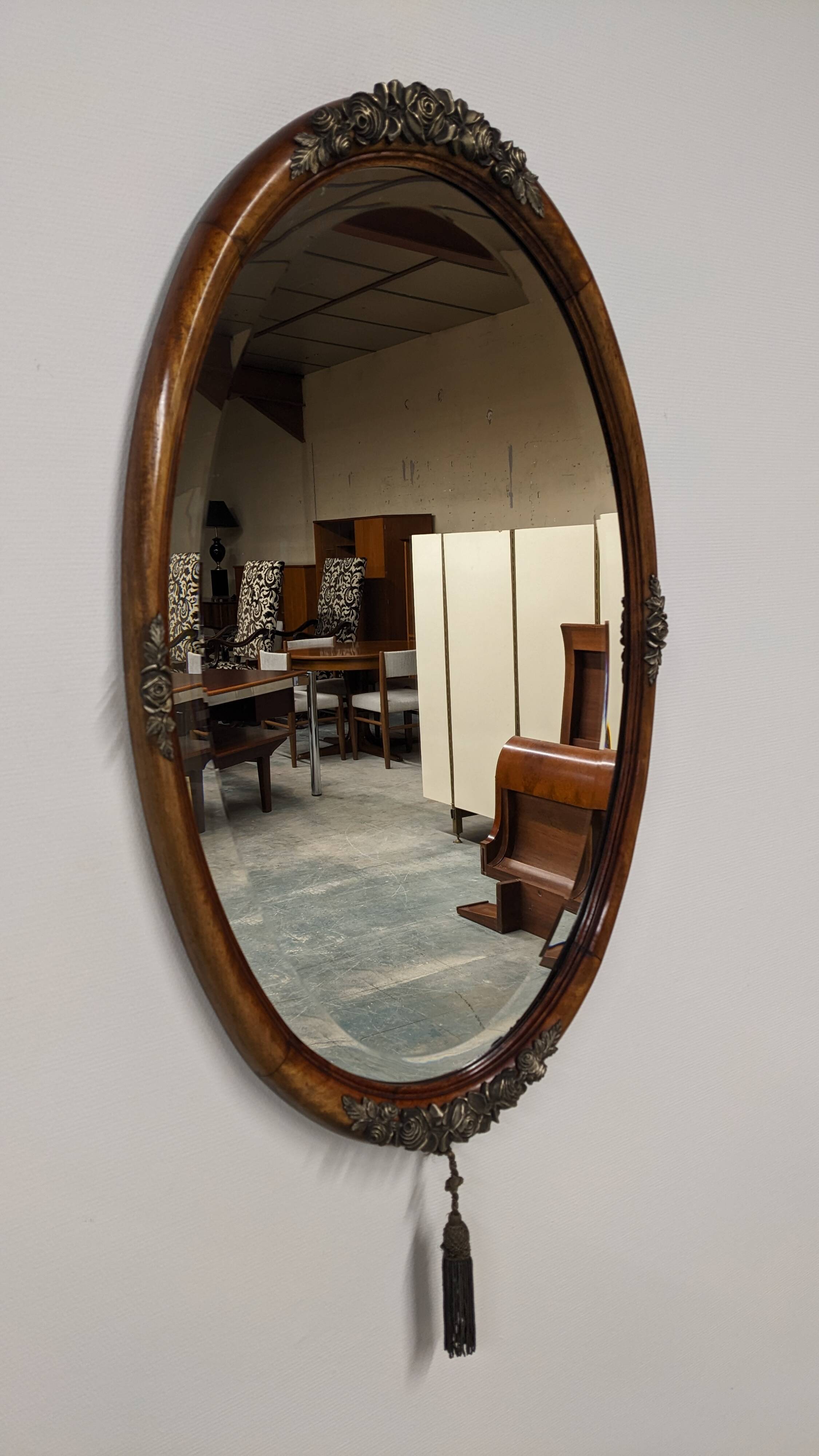 Art Deco Flamed Mahogany Oval Mirror Circa 1910