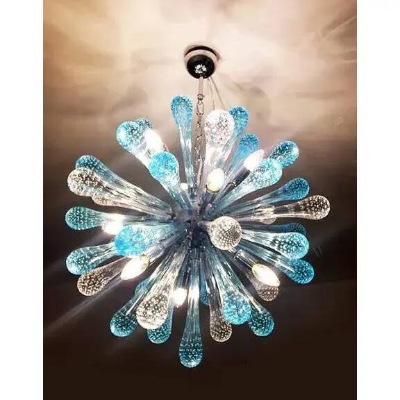 Murano Glass Sputnik Chandelier Featuring Light Blue and Clear Air Drops
