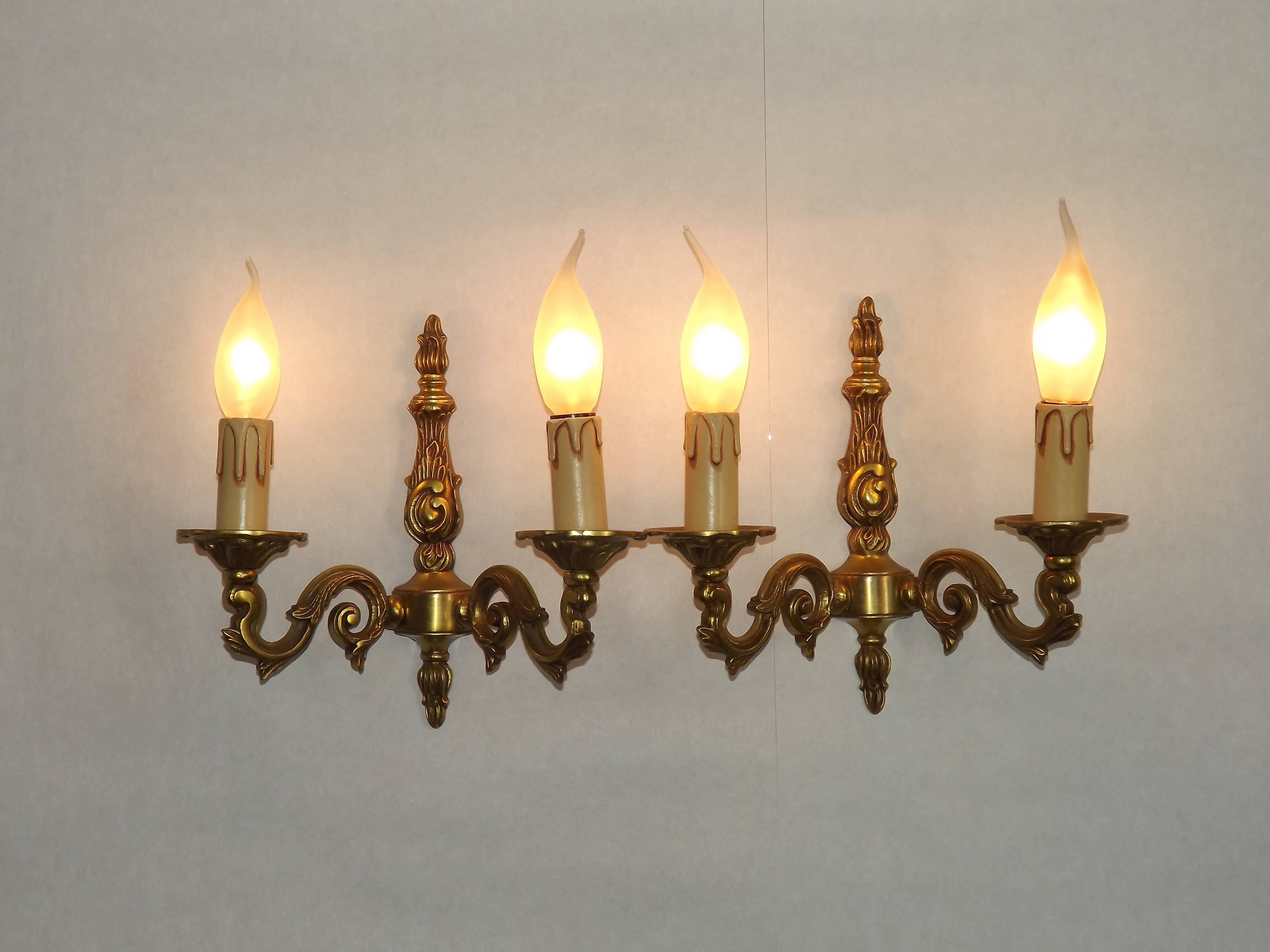 Pair of French Traditional Style Bronze Mid Century Double Wall Lights