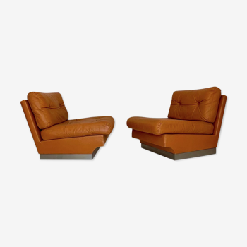 Pair of vintage drivers "md furniture", patinated leather and brushed aluminum, france 1970