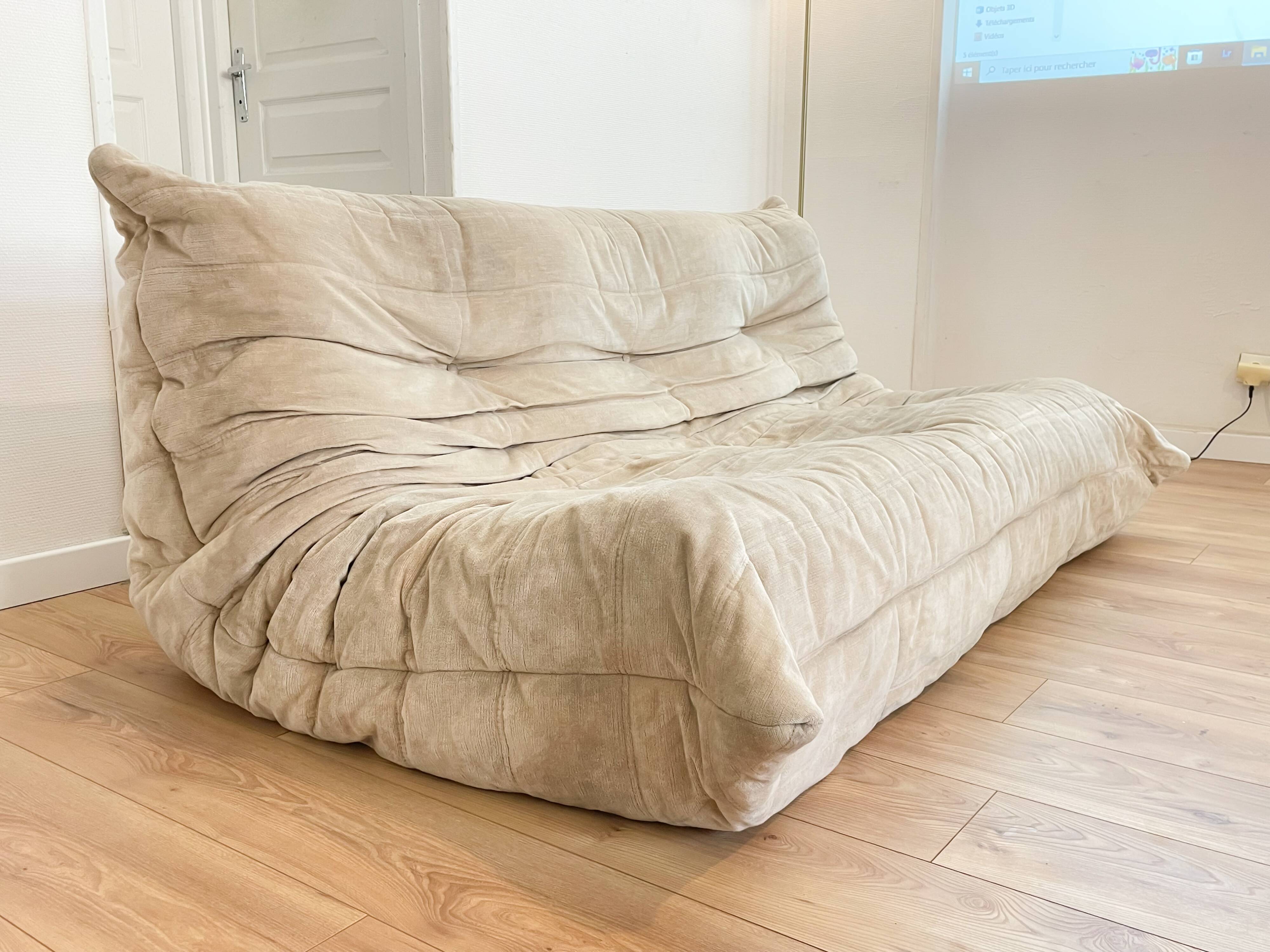 Togo sofa 3 places by Michel Ducaroy in beige velvet