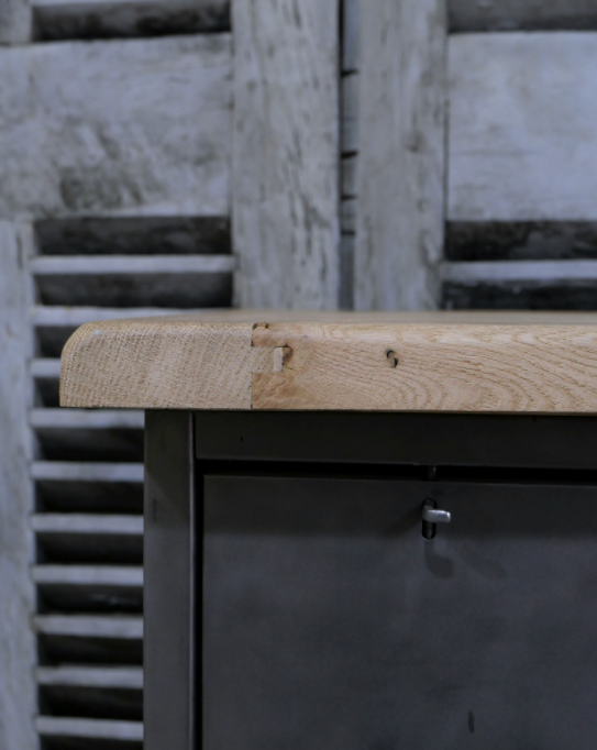 Military furniture metal console with wooden top and 6 drawers