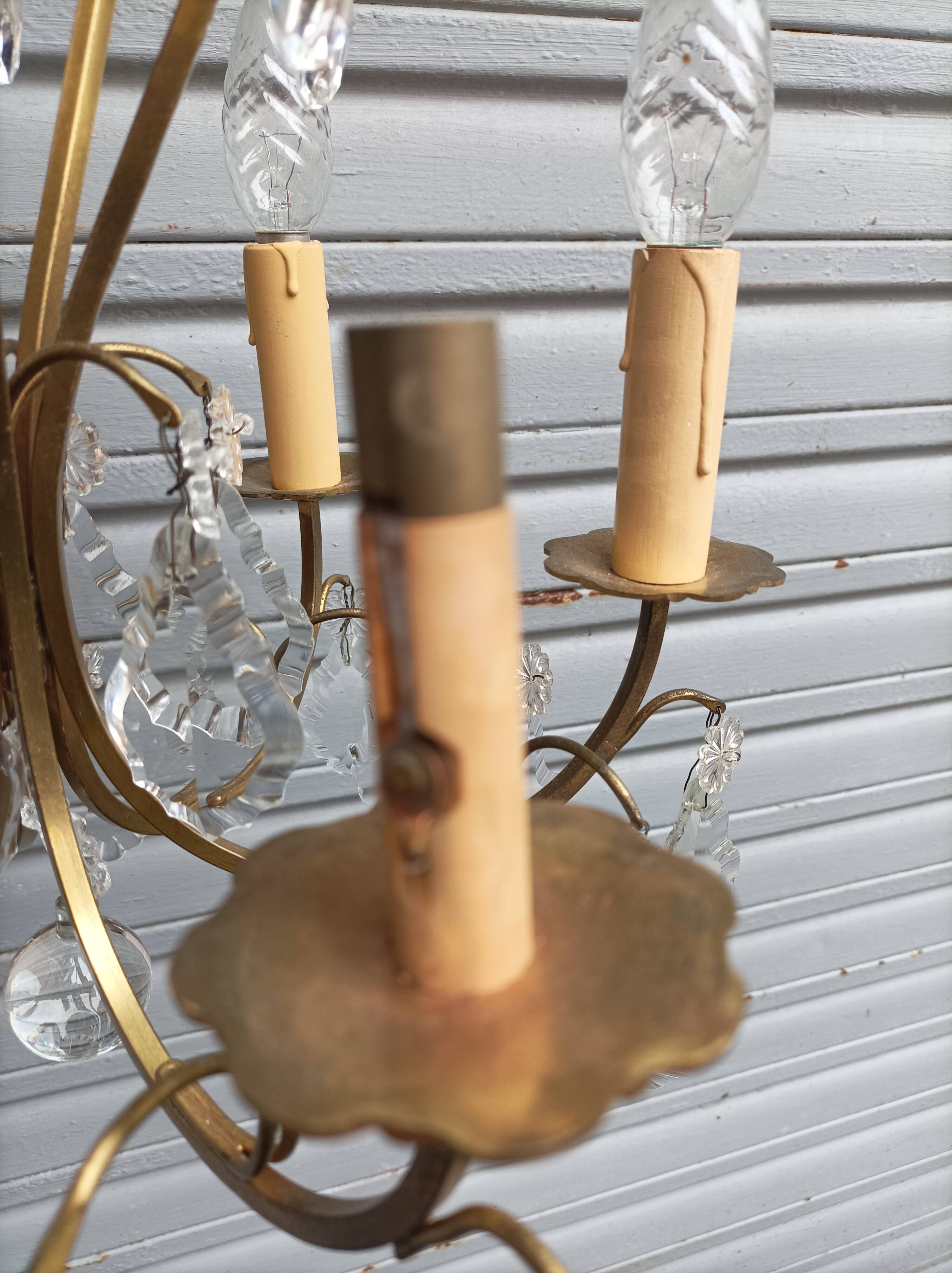 Remarkable 6-light cage chandelier with crystal pendants, complete and in working order.