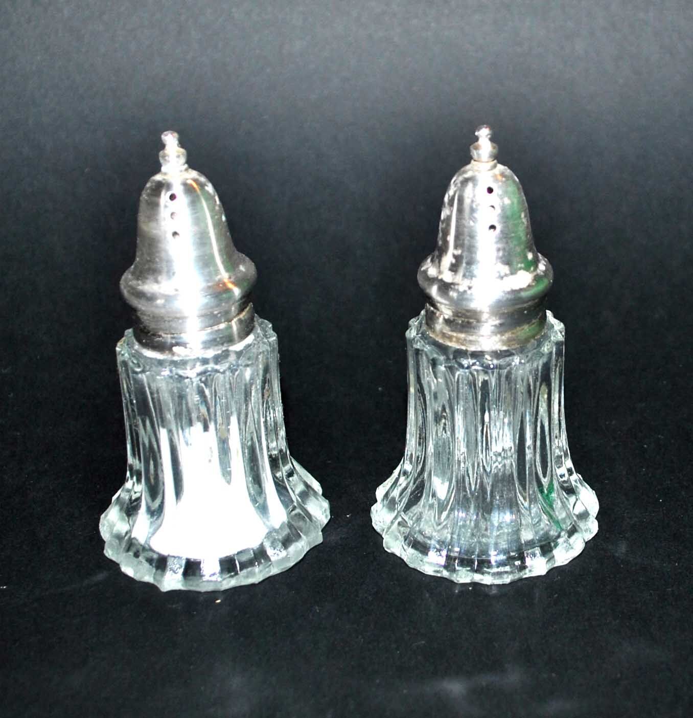 Vintage molded glass and silver metal salt shakers - salt pepper BISTROT