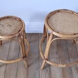 Pair of honey-colored rattan stools/plant holders in the 60s