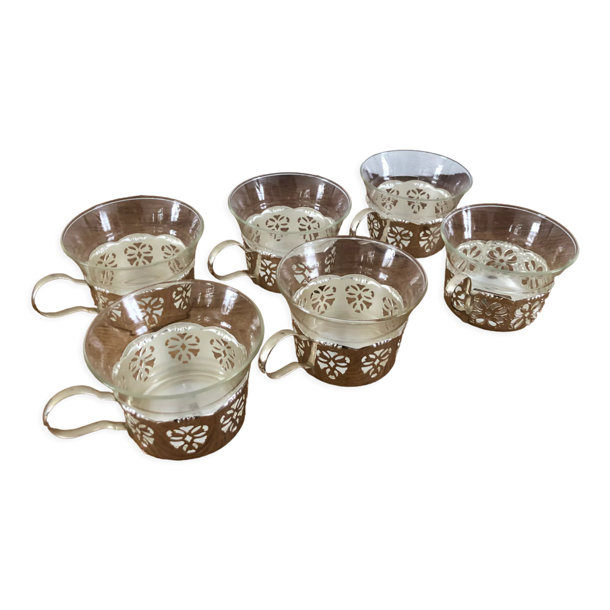 6 tea cups with silver metal support