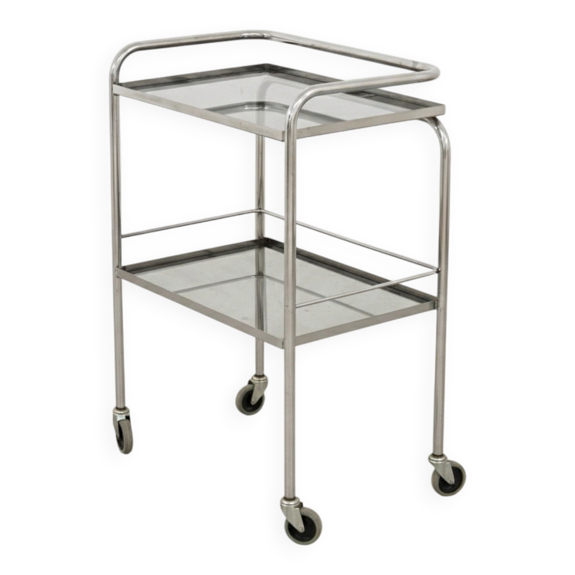1970s chrome metal and smoked glass wheeled dessert trolley