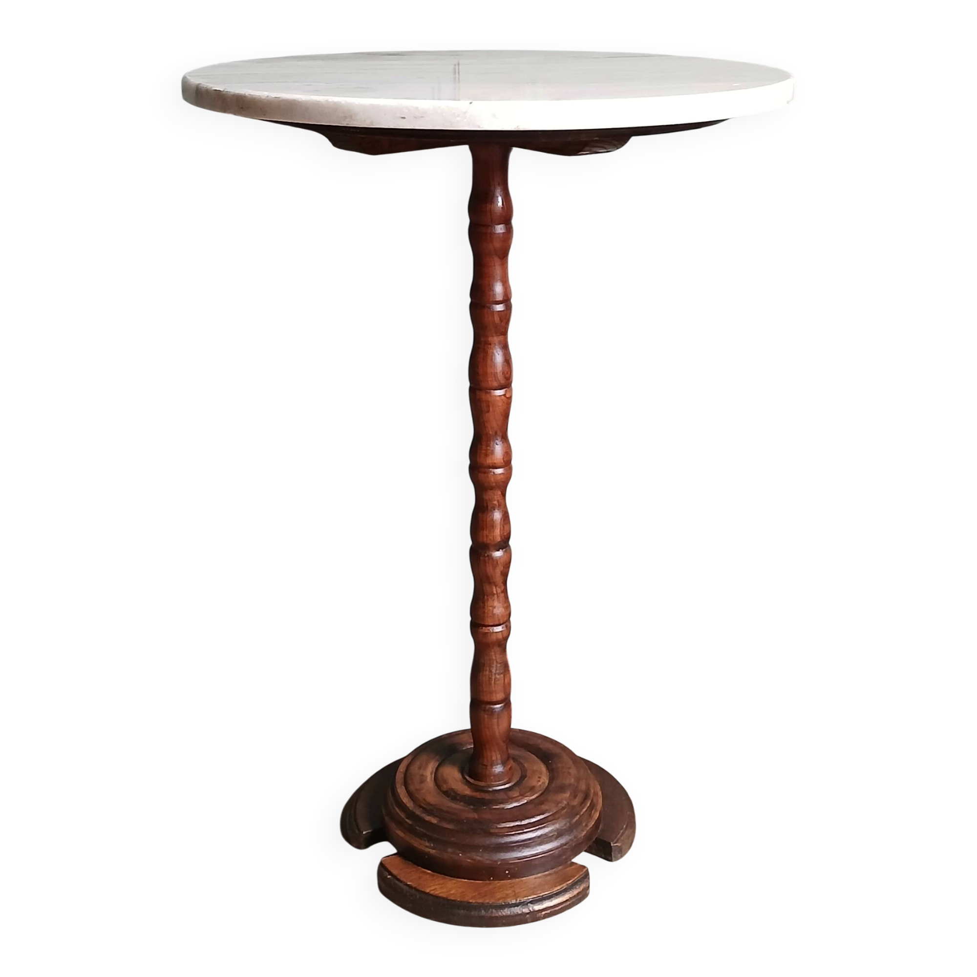 Turned solid wood side table stained with a quartz top.