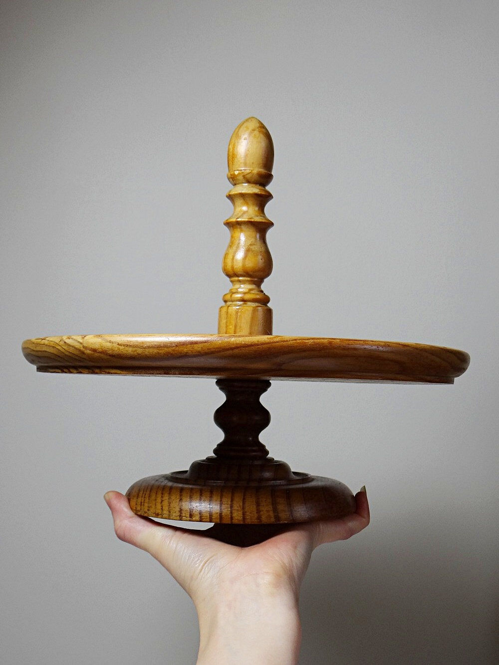 Large wooden pine cheese display stand, handcrafted, vintage 70s-80s.