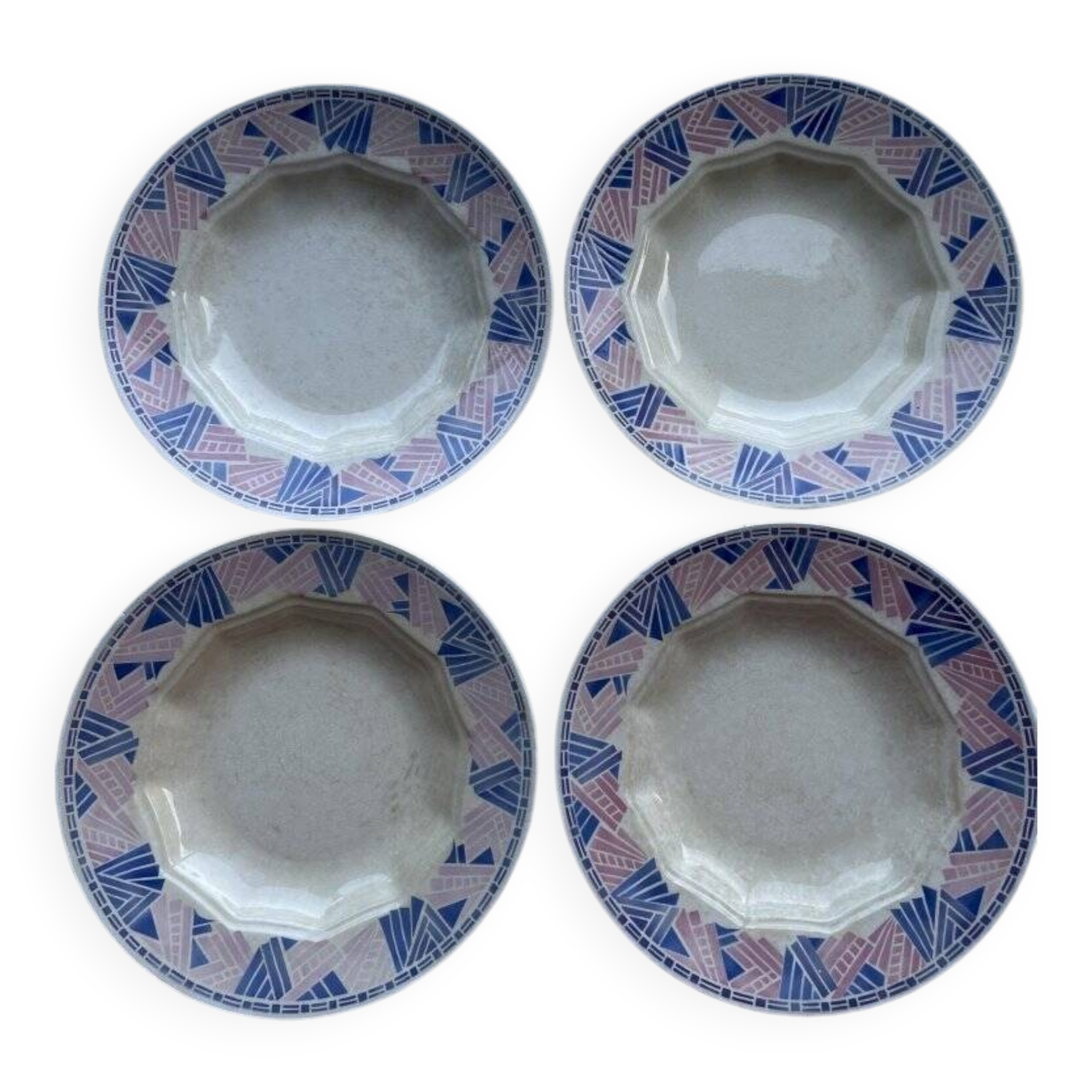 4 assiettes creuses HBCM Dolly 1930 bleu/rose céramique/faïence abstrait