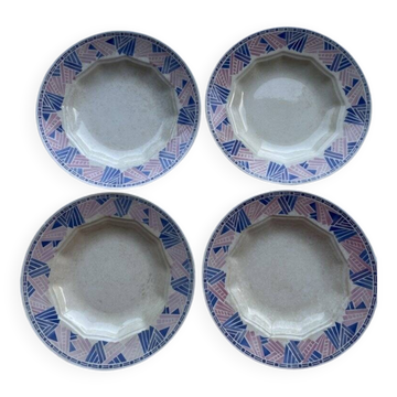 4 assiettes creuses HBCM Dolly 1930 bleu/rose céramique/faïence abstrait