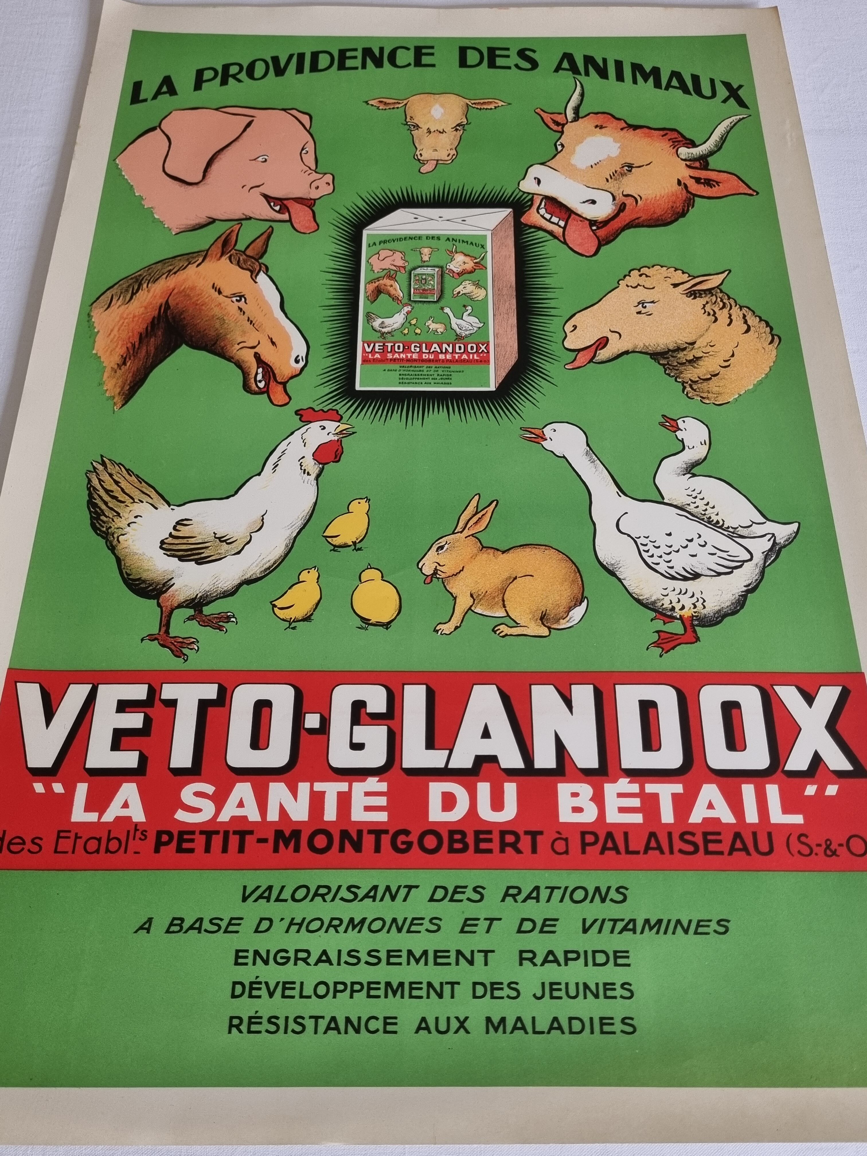 Affiche publicitaire "Véto-Glandox", la providence des animaux, la Santé du bétail, années 40