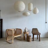 Suspension in rattan and japanese natural linen in the shape of a lantern h50 d30
