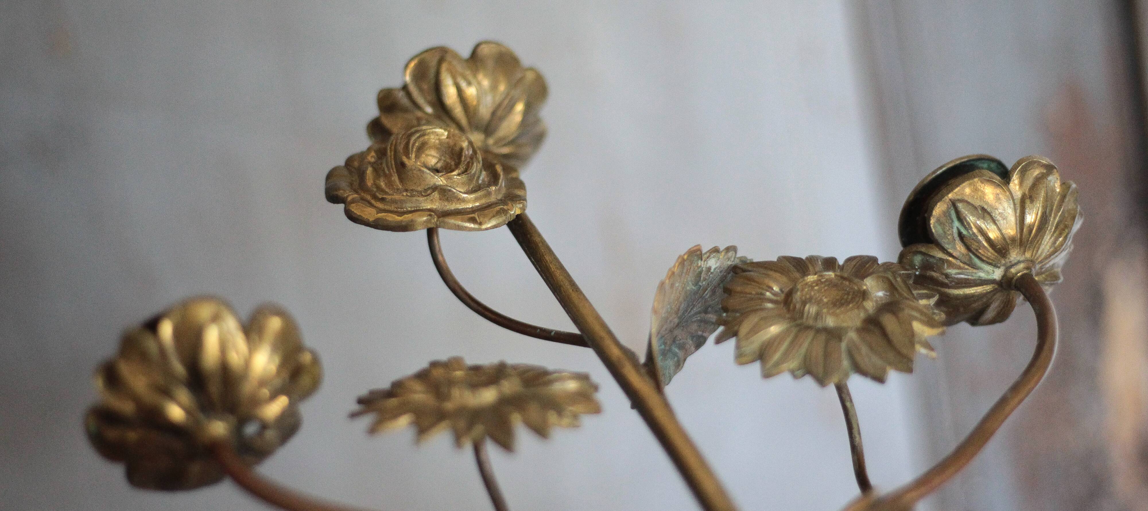 Brass candelabra with flowers, 3 candlesticks, church candle holder