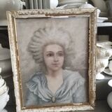 Pastel woman on cardboard with window 18th old frame in its own juice