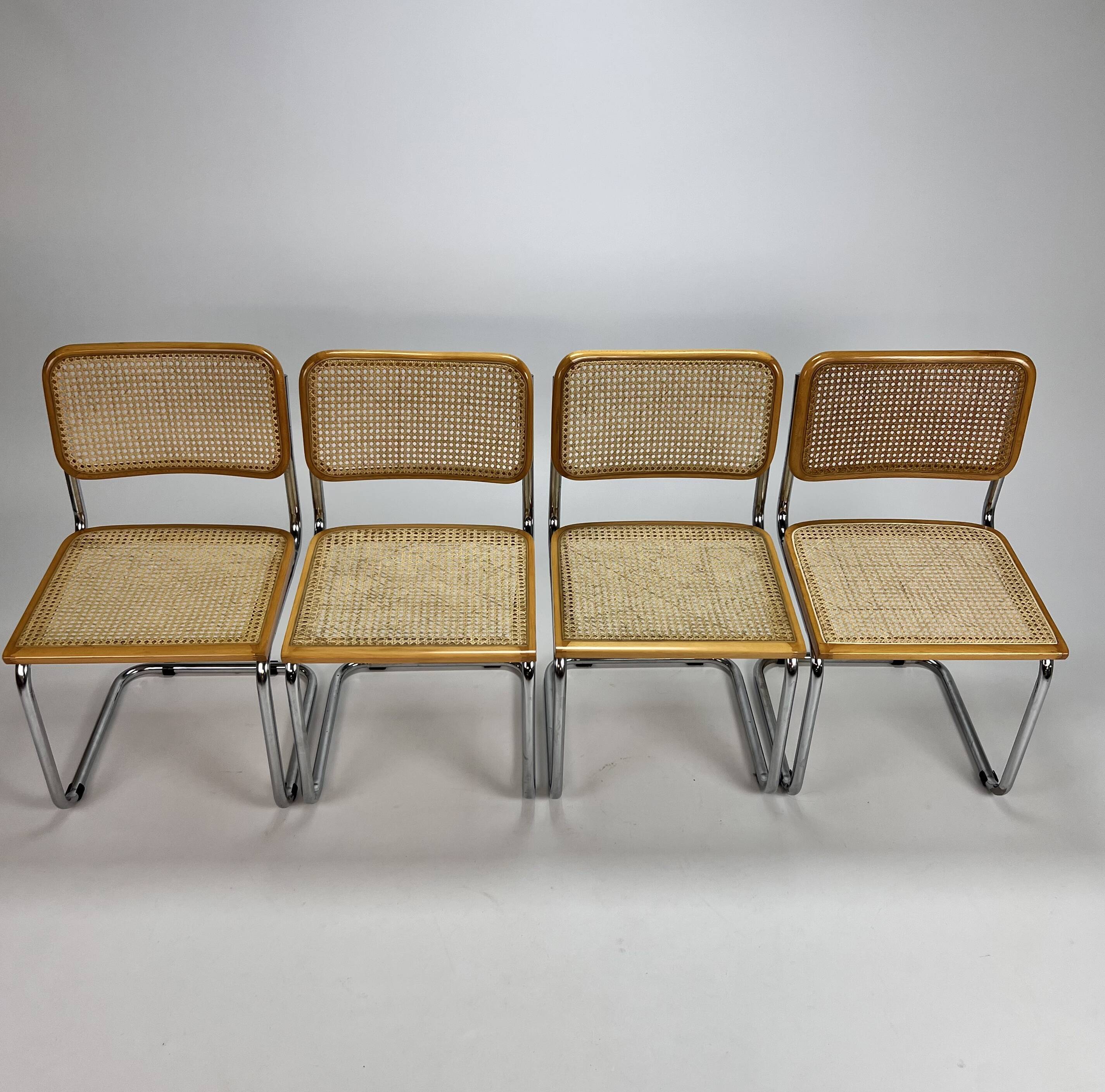 Set of 4 tubular frame and cane cantilever dining chairs, italy, 1970s