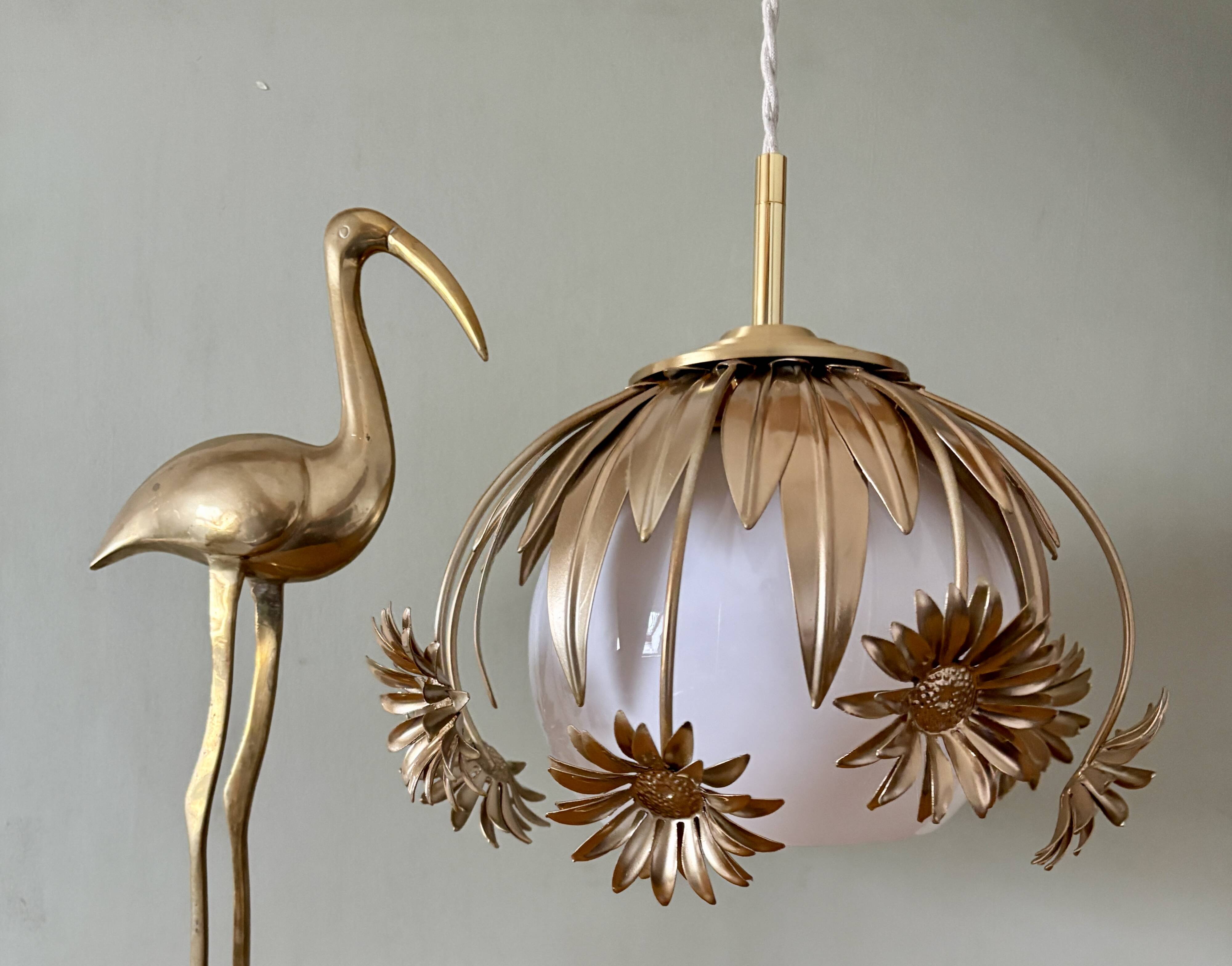 Pendant light in gilded metal and antique opaline globe
