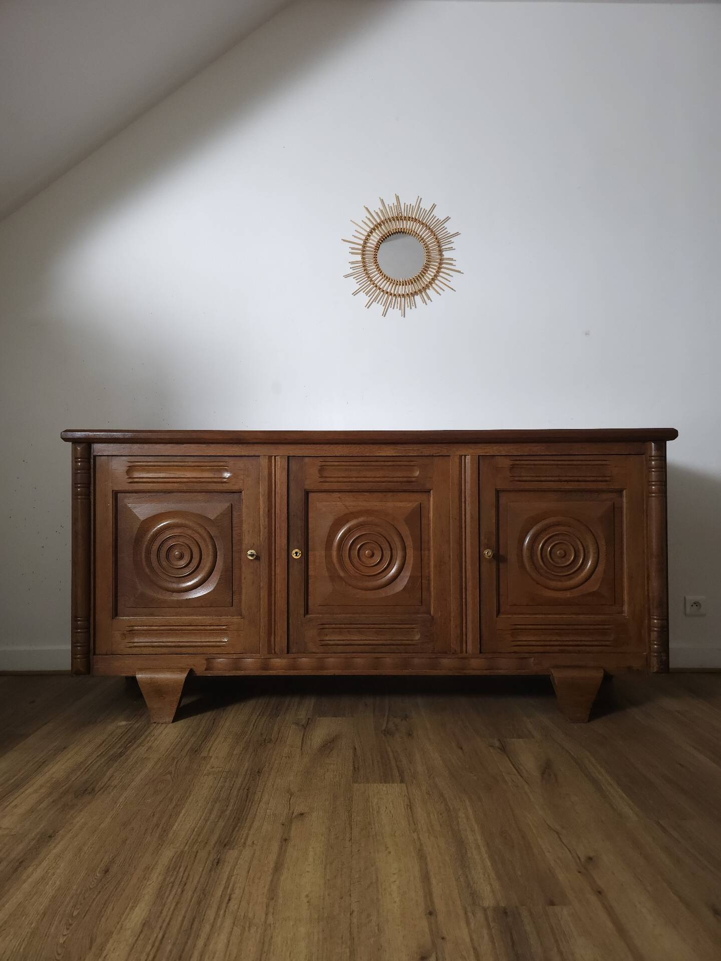 Solid oak sideboard, brutalist and Art Deco work, mid-century.