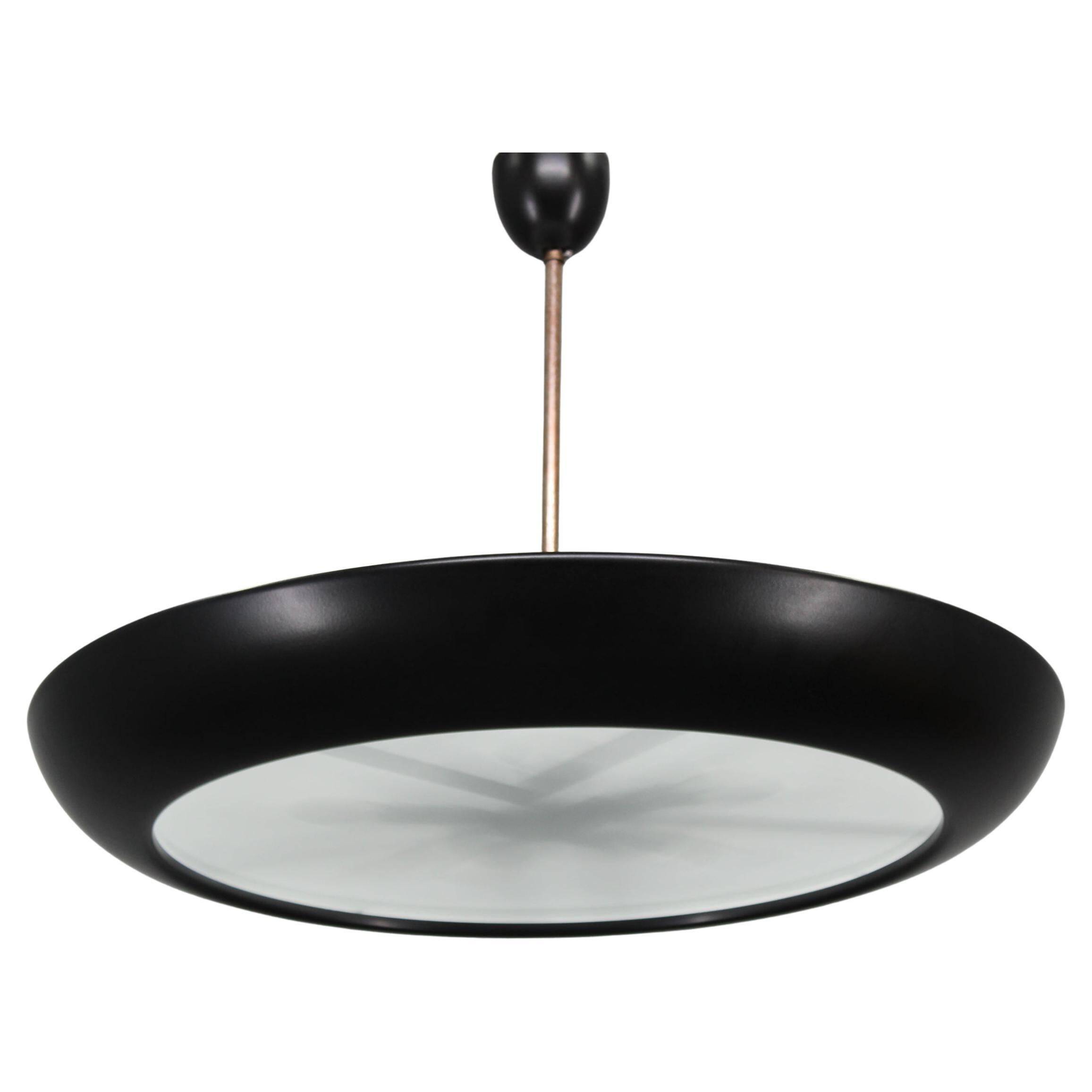 1940s Josef Hůrka for Napako Bauhaus UFO pendant light, metal & glass, restored