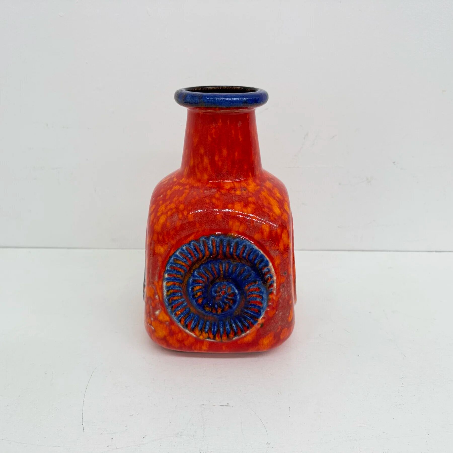 Scheurich West Germany Bay ceramic vase orange with blue fossils, 1970s