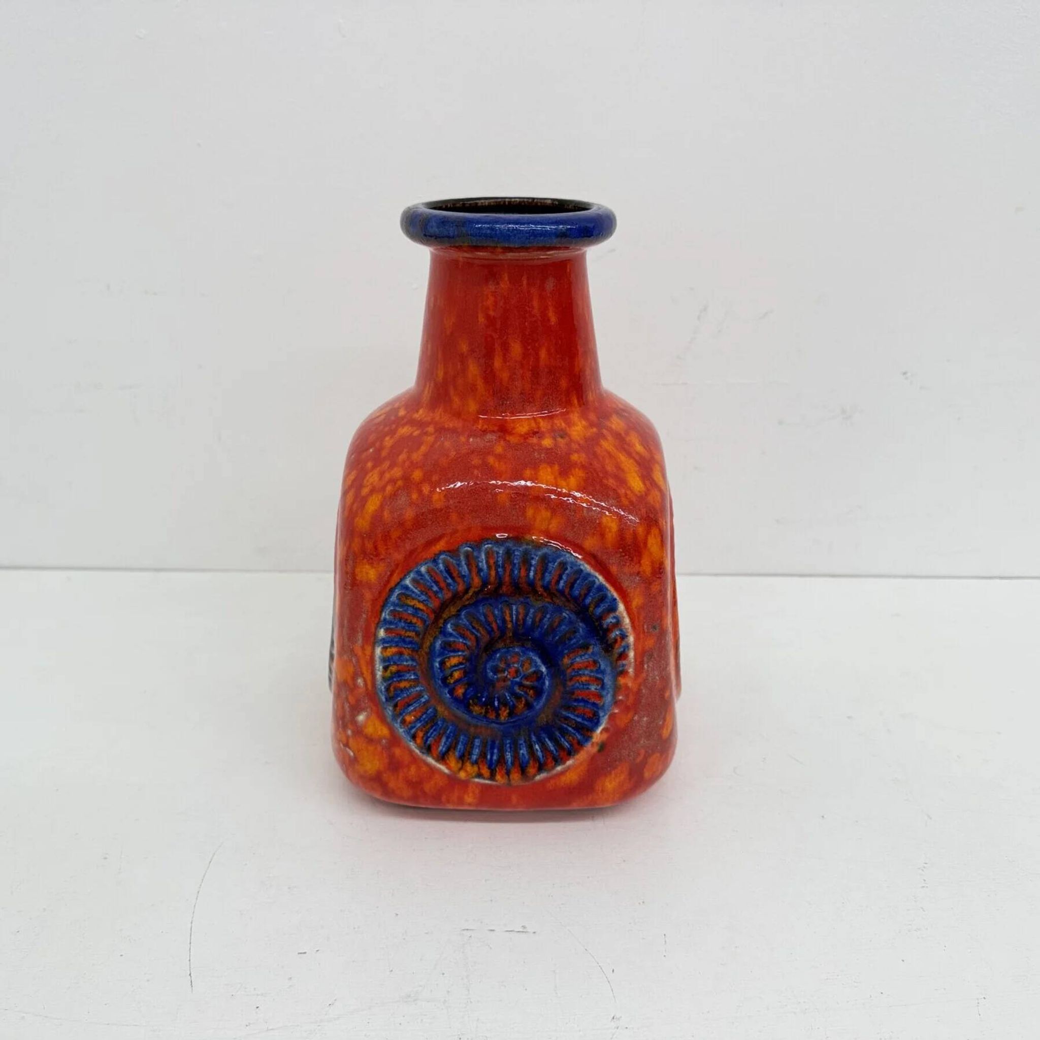Scheurich West Germany Bay ceramic vase orange with blue fossils, 1970s