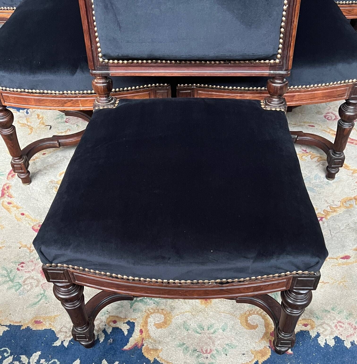 Antique Louis XVI style chairs. Set of 6. Solid rosewood. New upholstery.