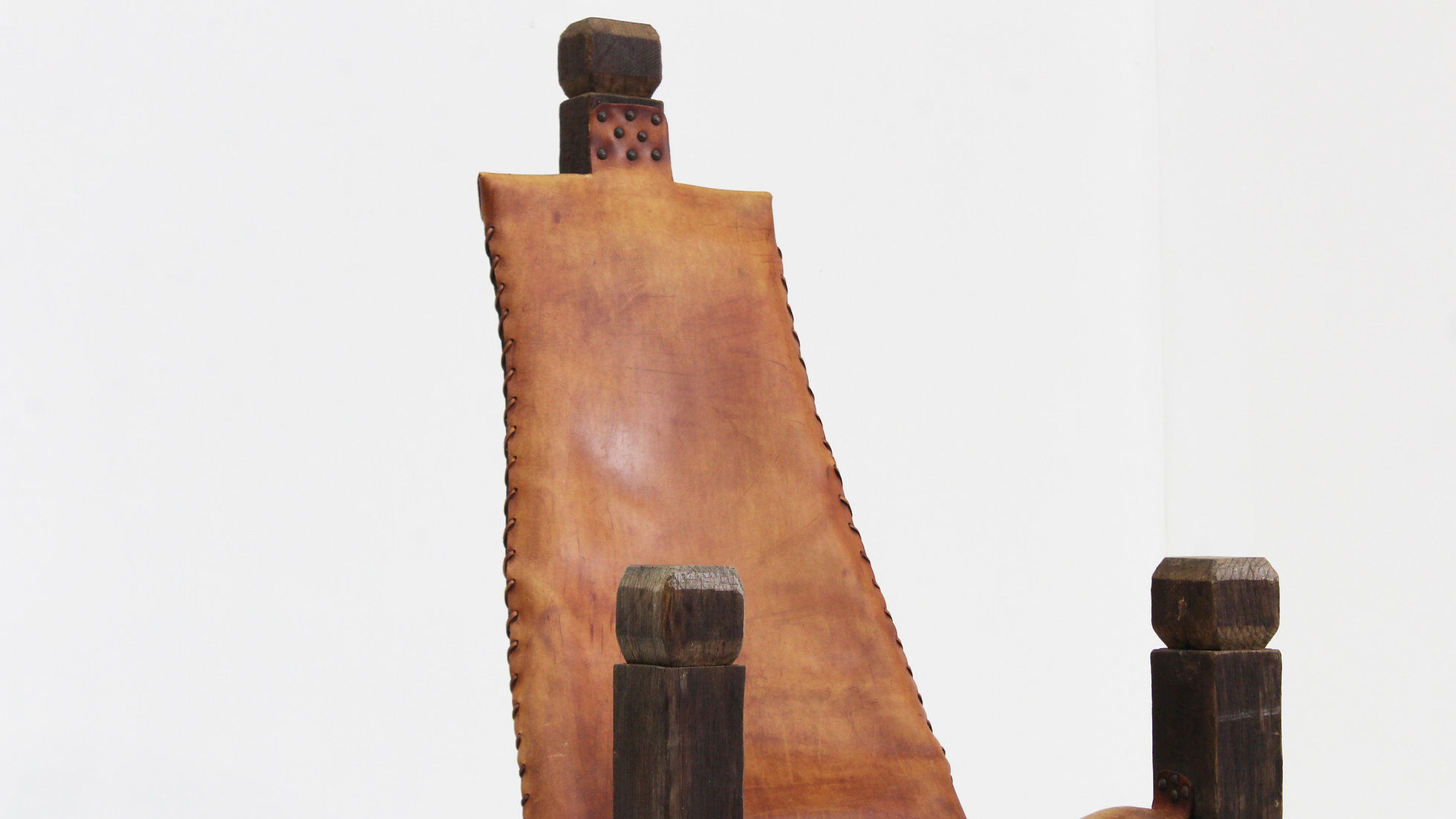 Vintage Brutalist tripod chair leather and wood