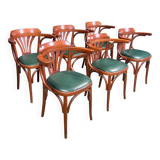 Set of 6 bistro armchairs in Plamette and green skai from the 80s France