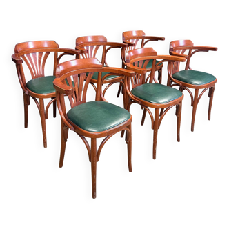 Set of 6 bistro armchairs in Plamette and green skai from the 80s France