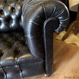 Canapé Chesterfield en cuir noir véritable 3 places