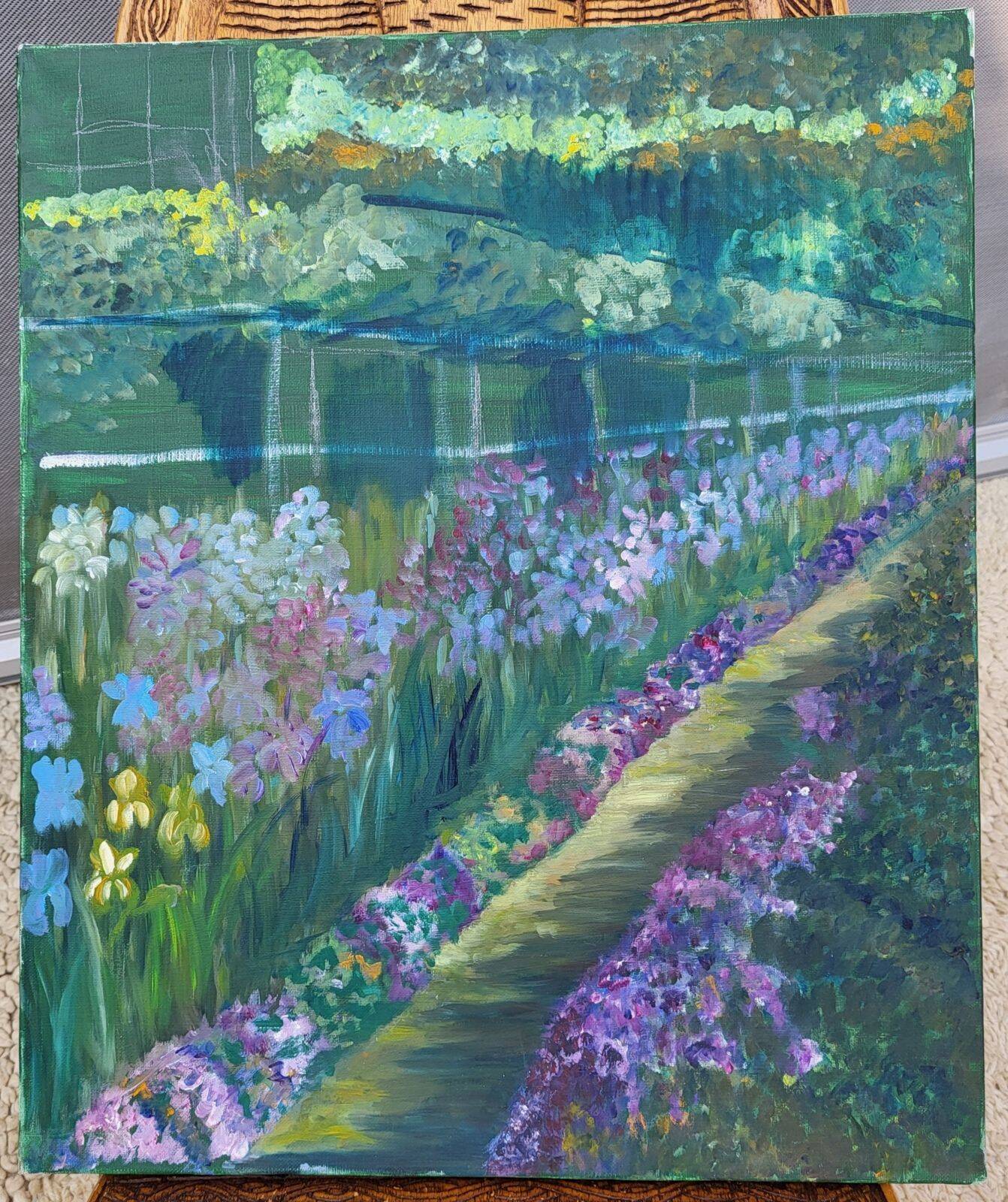 Huile sur toile impressionniste – "Le Jardin aux Iris"