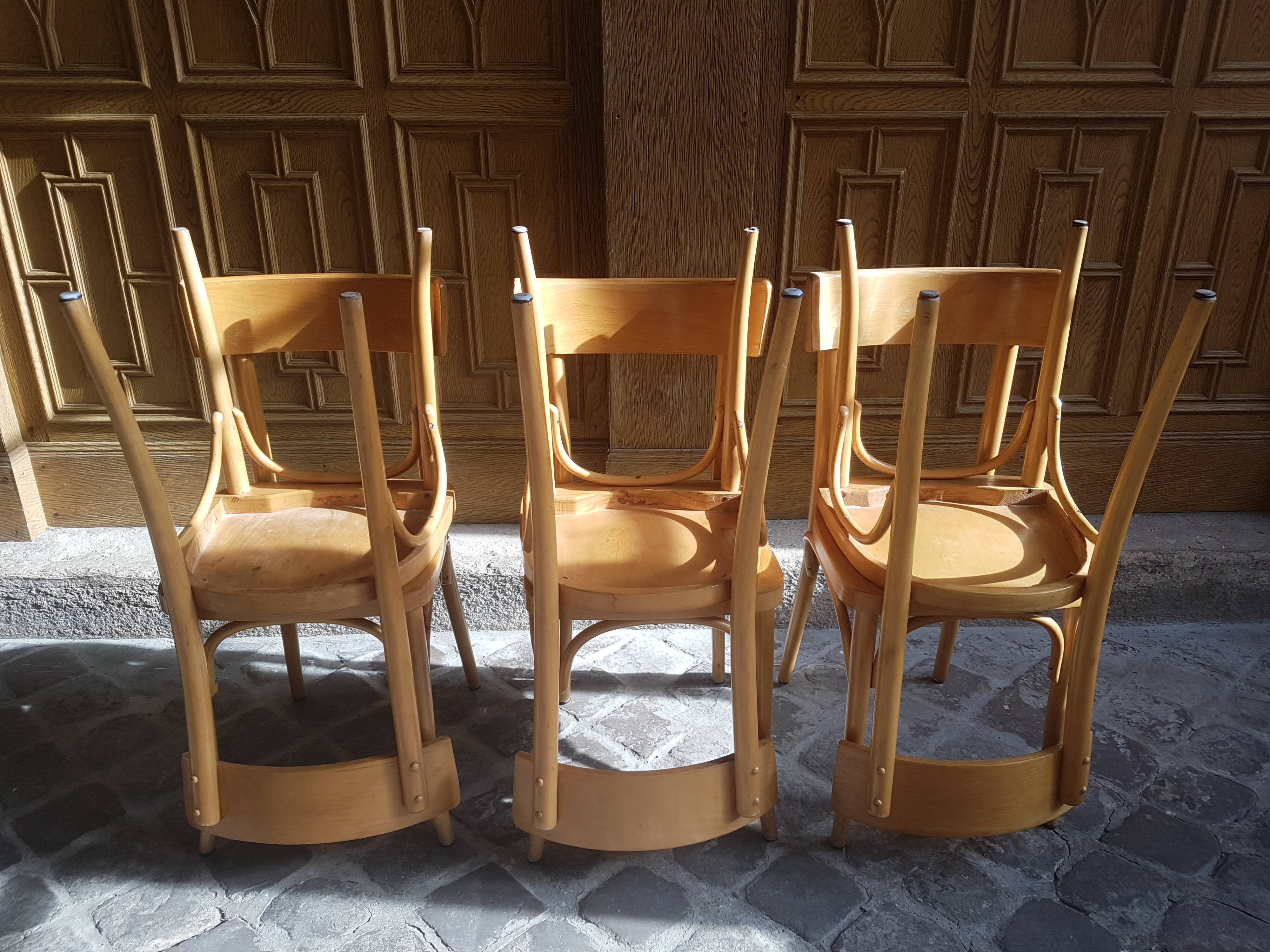 Lot of 6 vintage light wooden bistro chairs