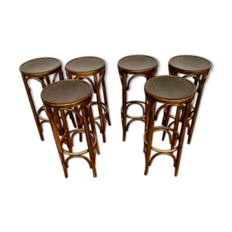 Série de 6 anciens tabourets de bar bistrot en bois courbé vintage