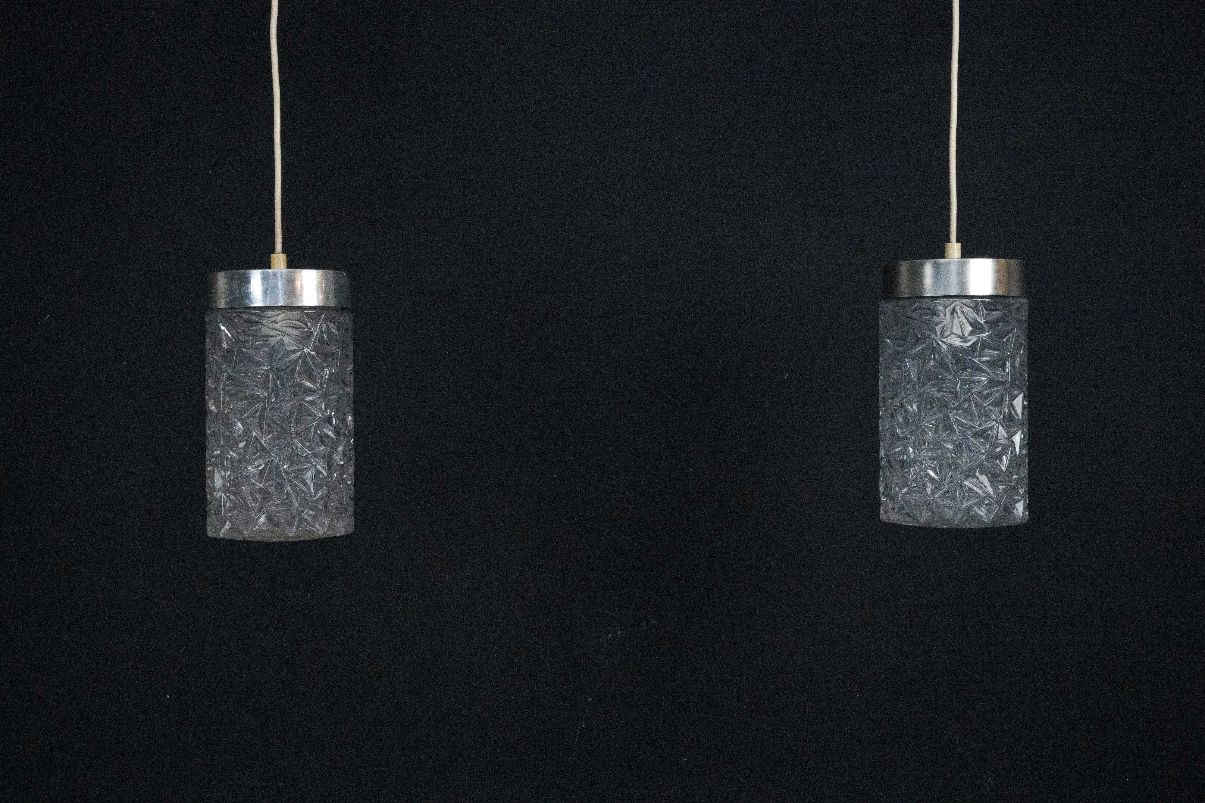 Pair of Italian Pendant Lights in Glass and Polished Aluminum, 1970s