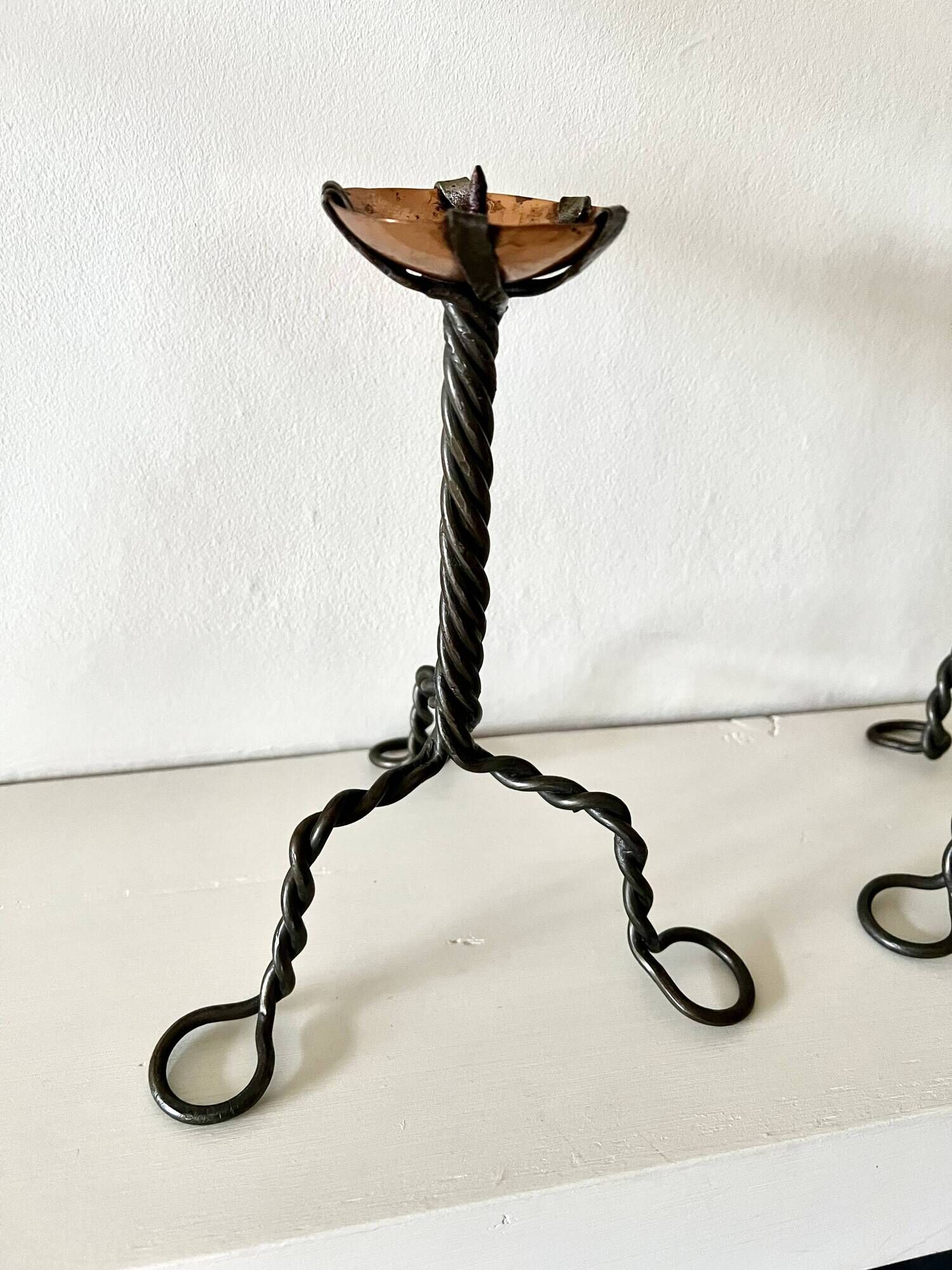 Pair of Arts & Crafts vintage antique candlesticks in wrought iron & copper