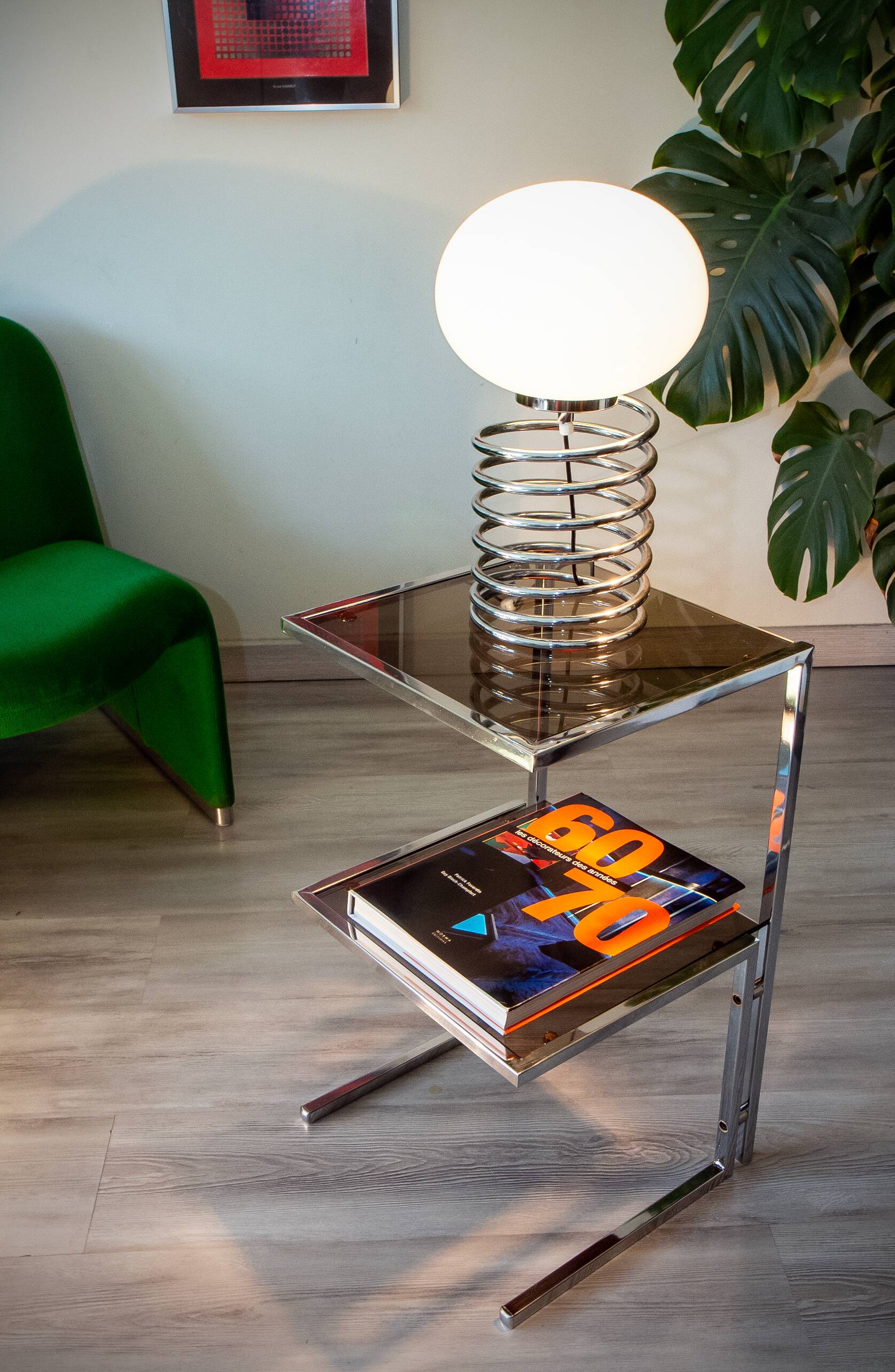 1970 chrome and smoked glass side table