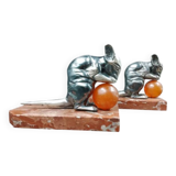 Antique Art Deco bookends in silver-plated metal, bakelite, and marble, signed H. M.