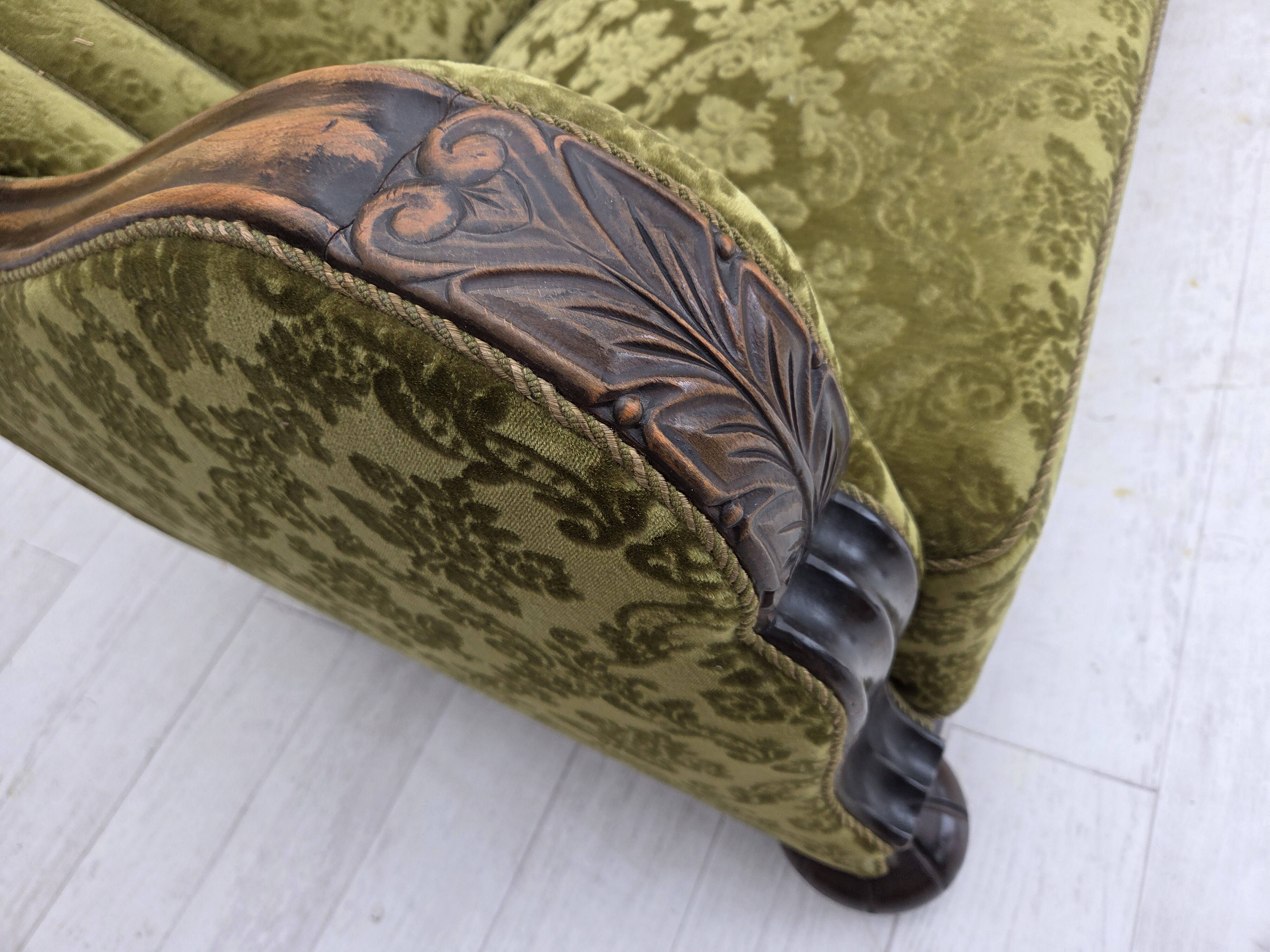 1960s, Danish 3-seater sofa, furniture velour, carved oak wood.