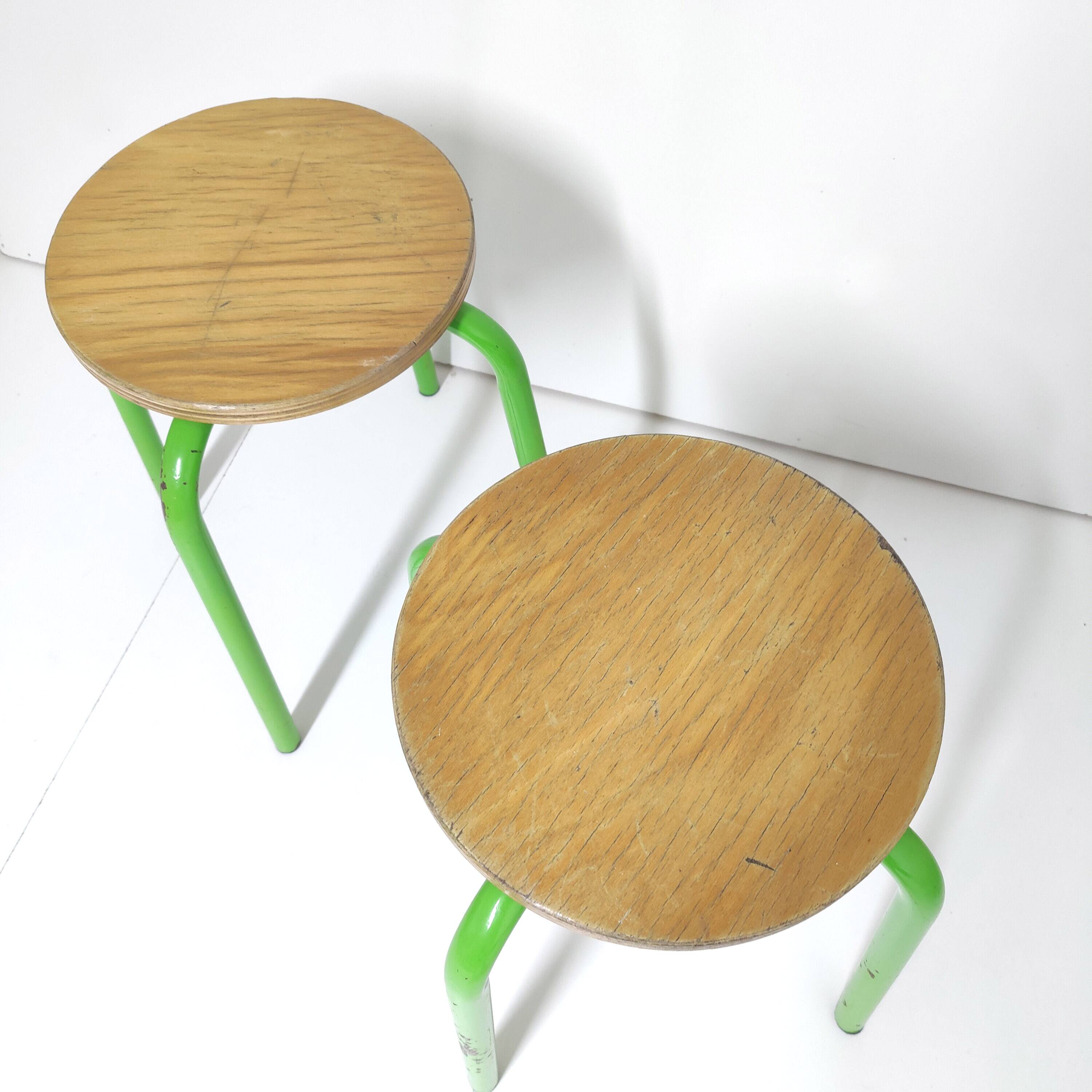 Set of 2 vintage green metal and wood stools