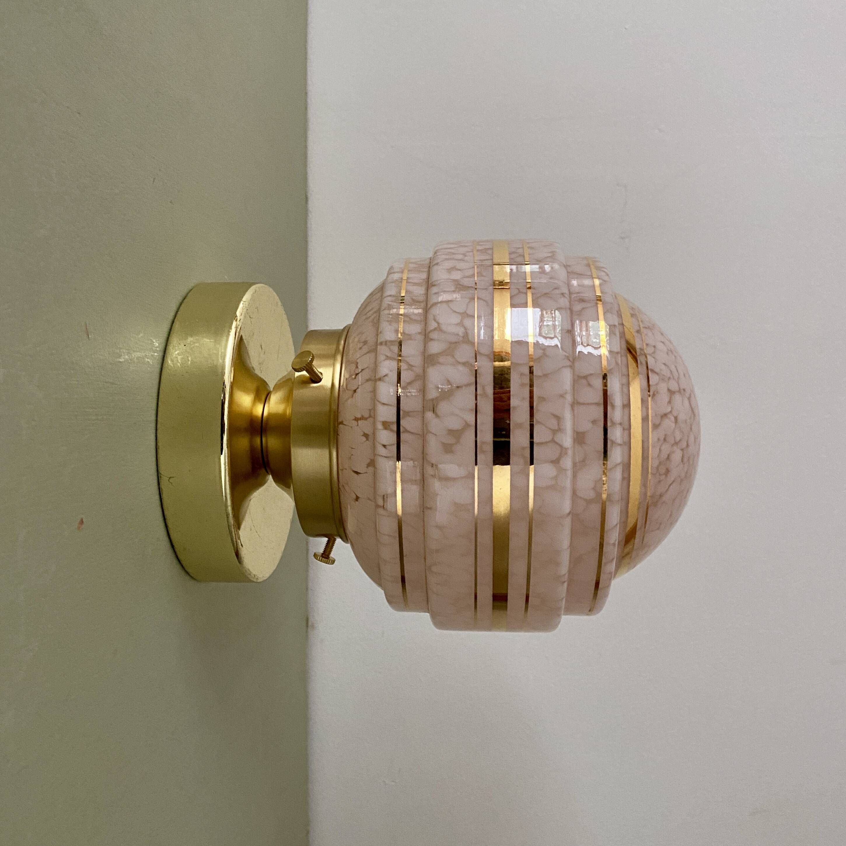 Vintage art deco globe wall or ceiling light in pink and gold Clichy glass
