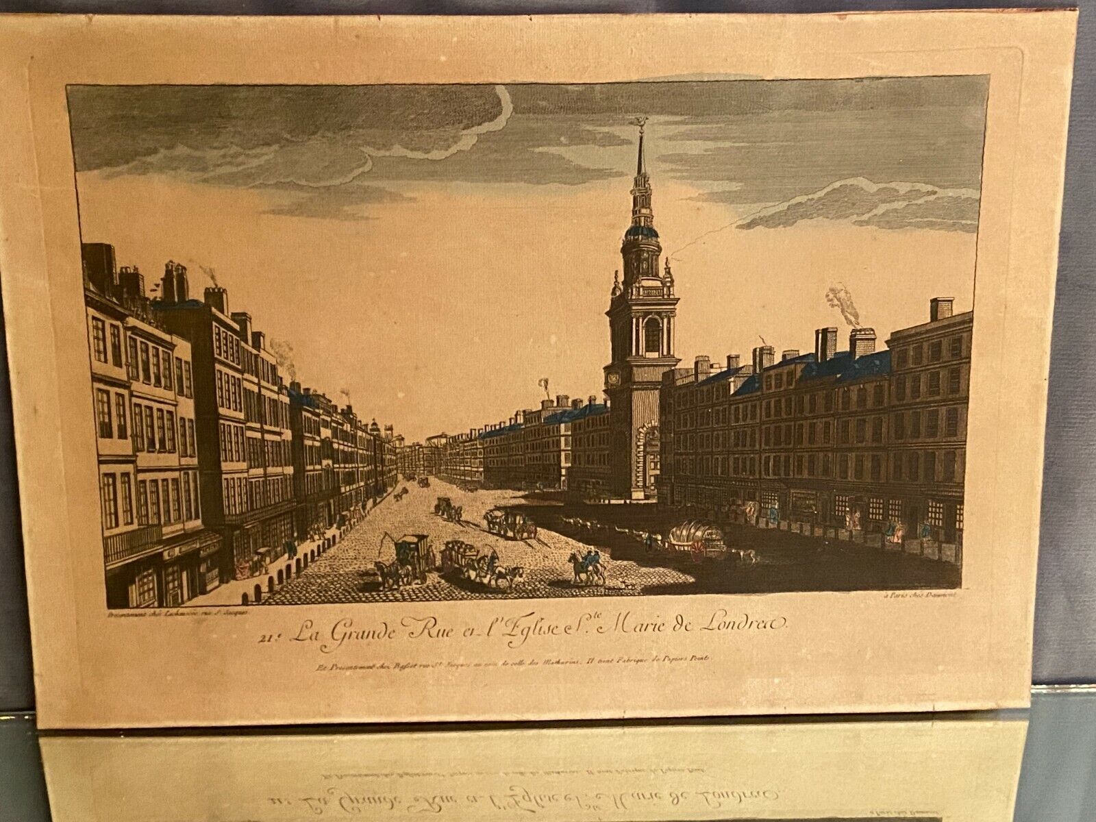 Engraving from optical view The main street and the Church of Sainte Marie Londres