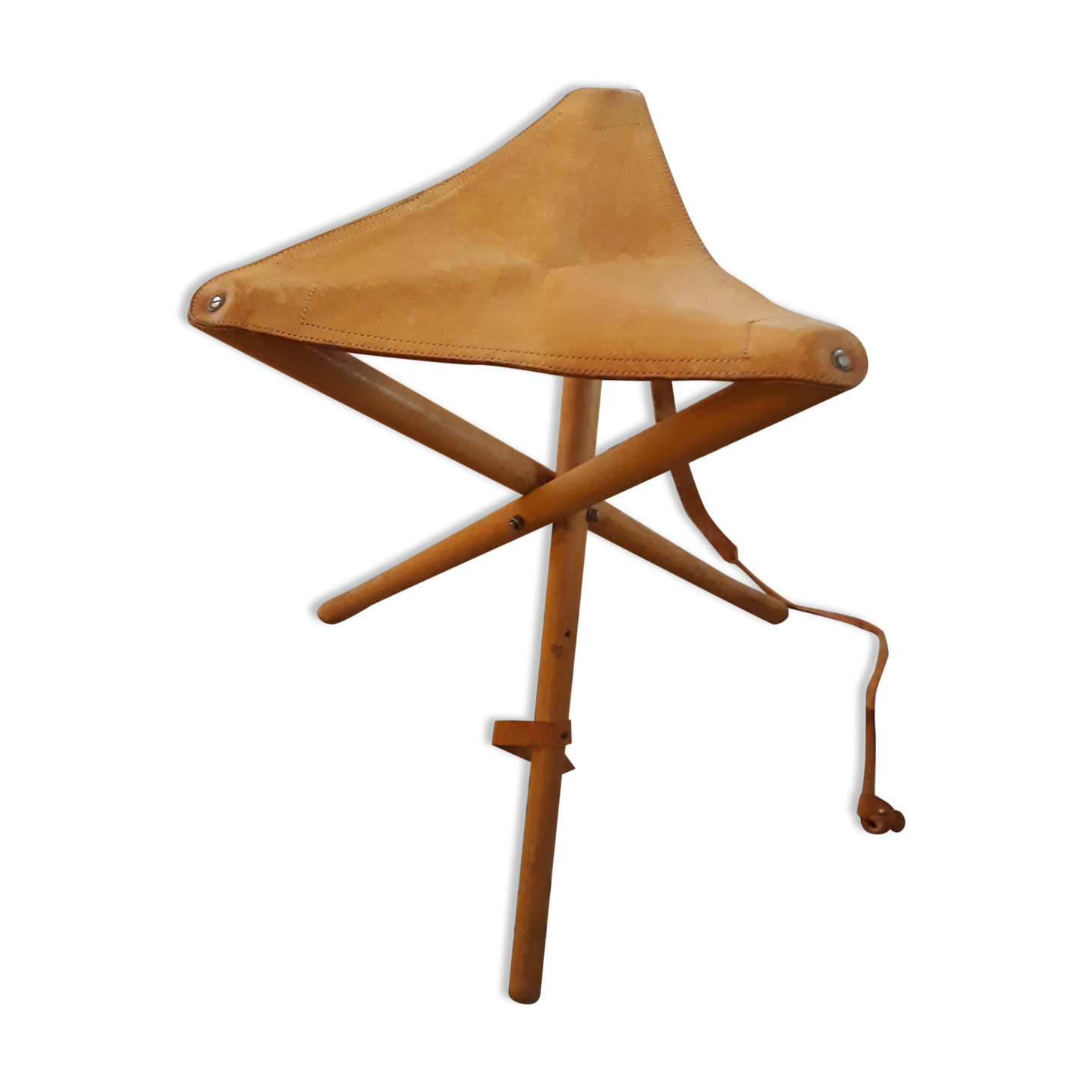 Wooden stool and vintage foldable leather